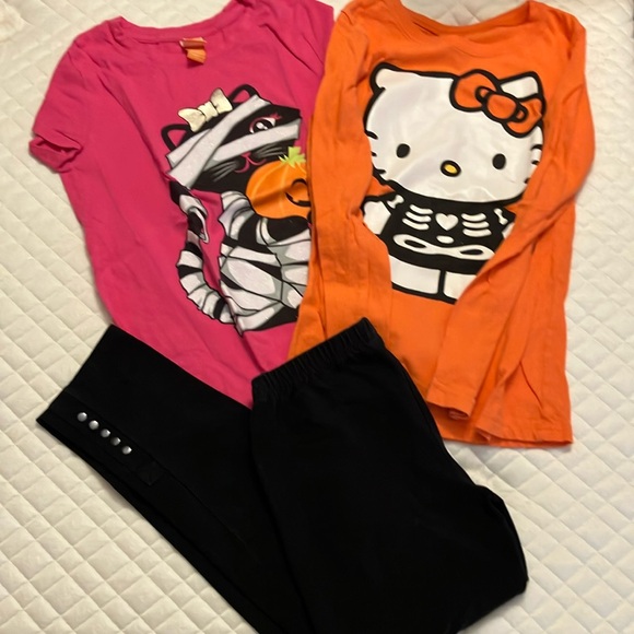 Girls 7/8 Halloween Bundle 1 long sleeve hello kitty orange T, 1 pink T, legging - Picture 1 of 10